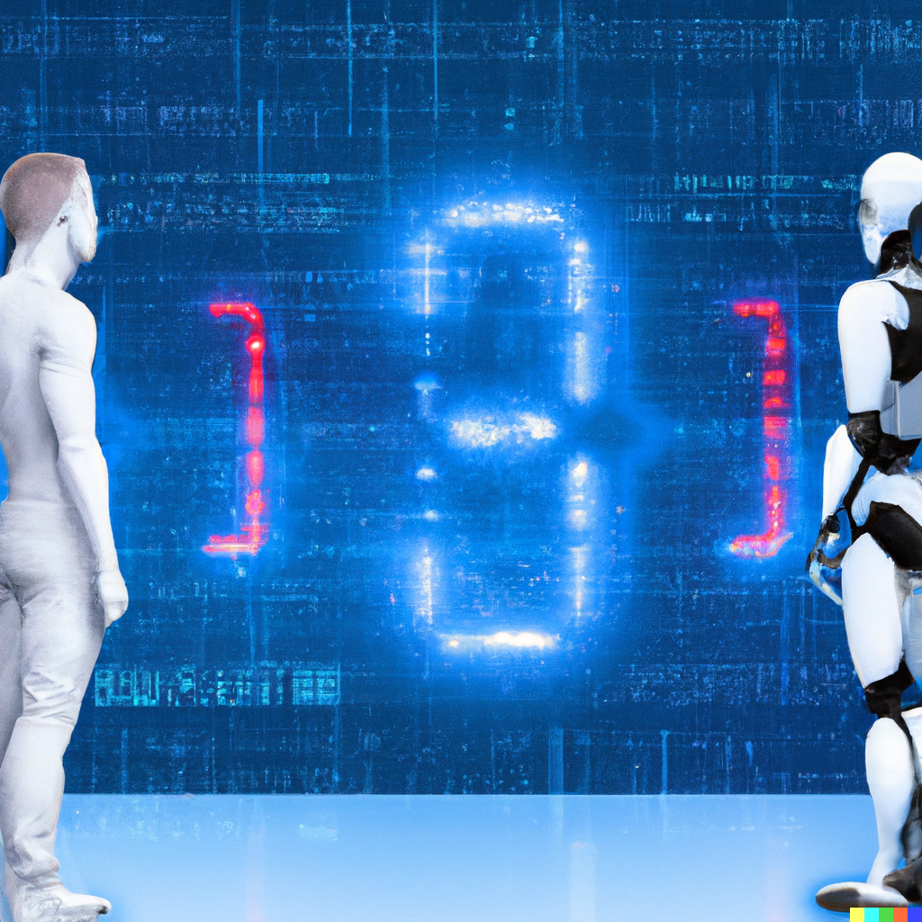 DALL·E 2023-06-24 10.38.23 - human and robot facing each other with digital number in blue background